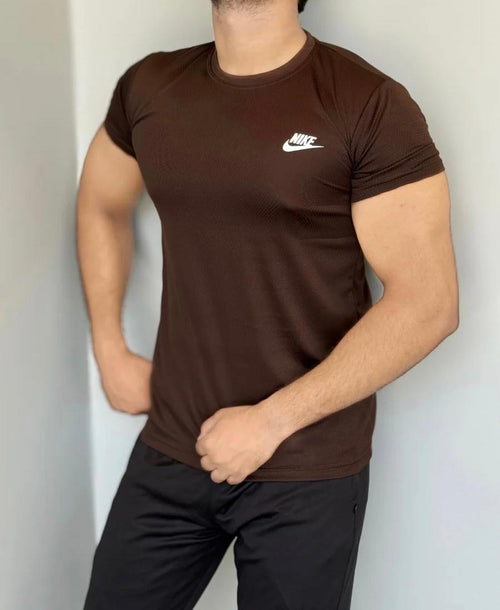 SMOOTH FLEX T-SHIRT WITH UNIQUE HALF SLEEVES DESIGN - BROWN