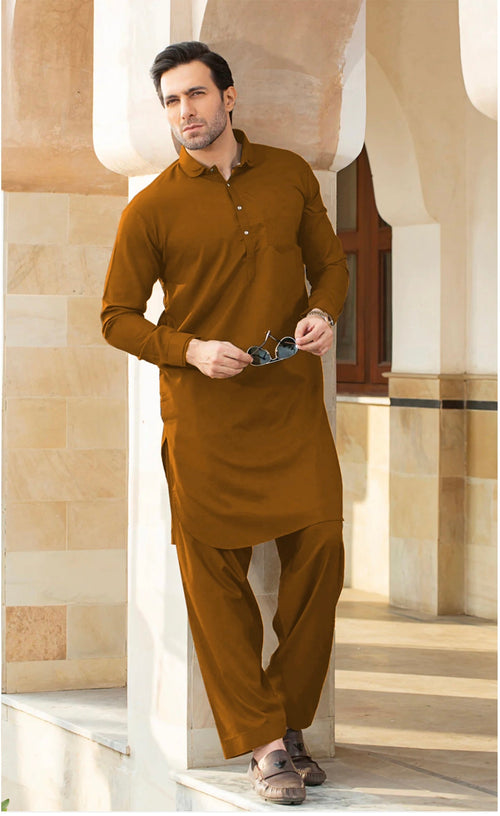 FESTIVE COLLECTION DOUBLE COLLAR BAN SUIT-NEON BROWN