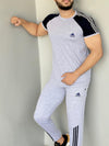 004 blue LOGO & BLUE PANEL COMFORTABLE FOR GYM WEAR COTTON TRACKSUIT - GREY