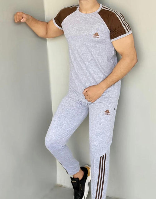 005 BROWN LOGO & BROWN PANEL COTTON TWINSET TRACKSUIT - GREY